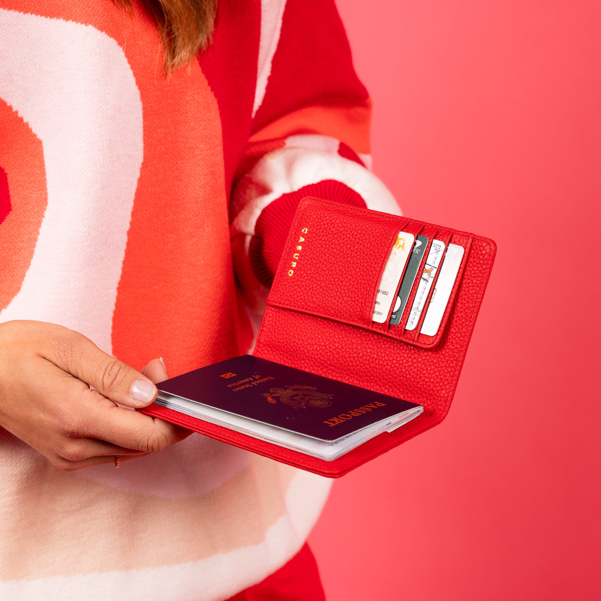Leather Passport Wallet with RFID - Red