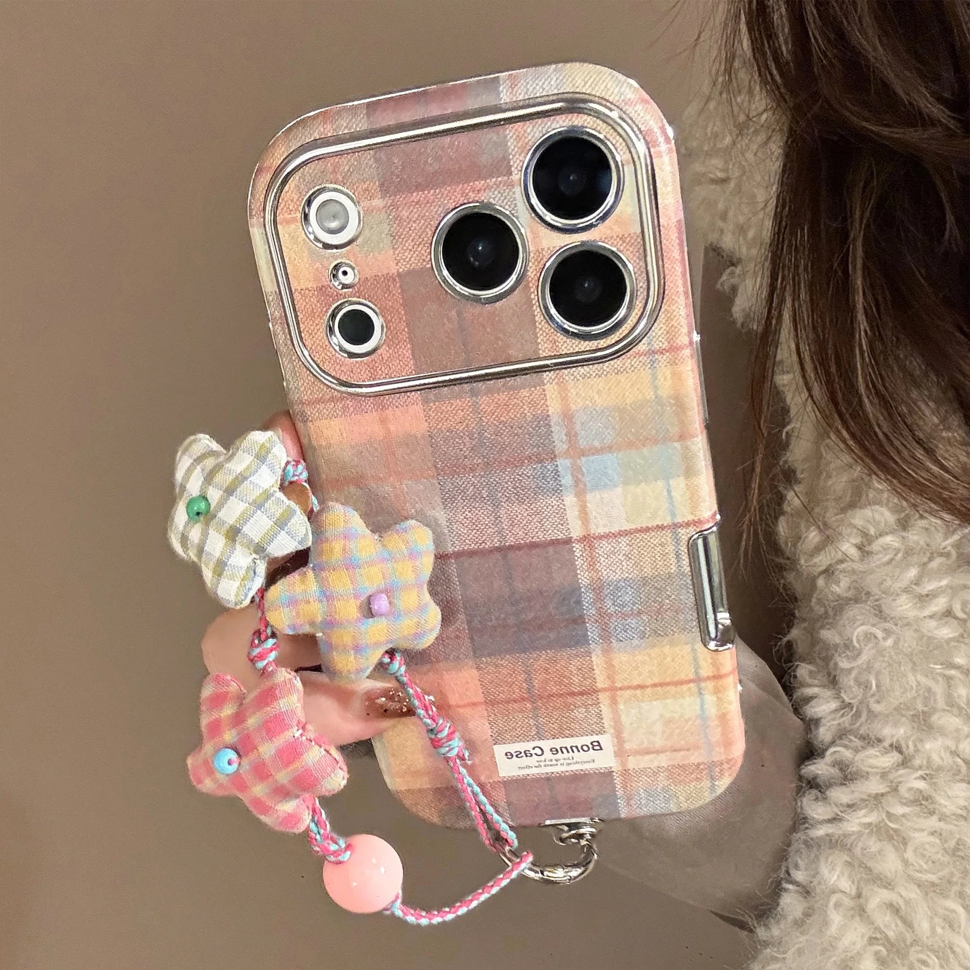 Korean Grid Pattern Cloth Texture Plating Phone Case With Stars Strap For iPhone