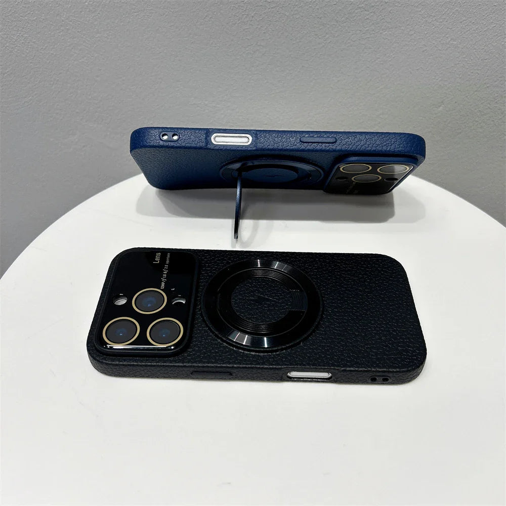 Large Window Litchi Texture For Magsafe Magnetic Case For iPhone