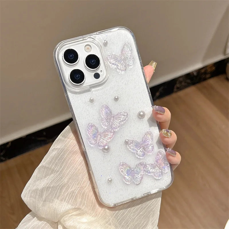 Luxury 3D Butterfly Pearl Drop Glue Glitter Phone Case For iPhone