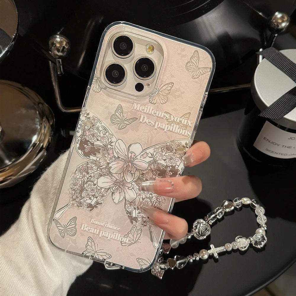 Korean Flowers Butterfly Dual Layer Phone Case With Bracelet Chain For iPhone
