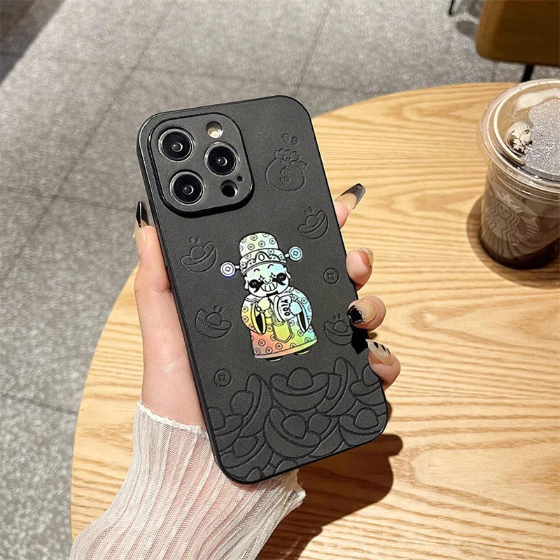 Luxury God of Wealth Laser Leather Texture Phone Case For iPhone