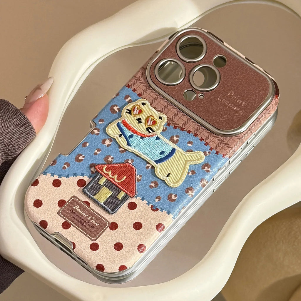 Korean Leopard Print 3D Cartoon Kitten House Leather Texture Phone Case For iPhone