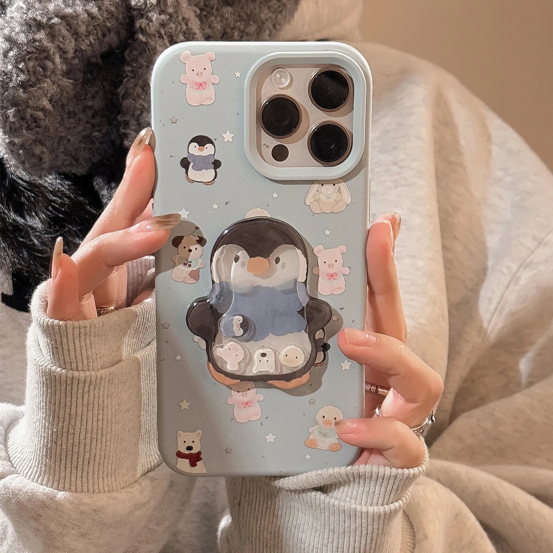 Cute Cartoon 3D Penguin Bunny Quicksand Phone Case For iPhone