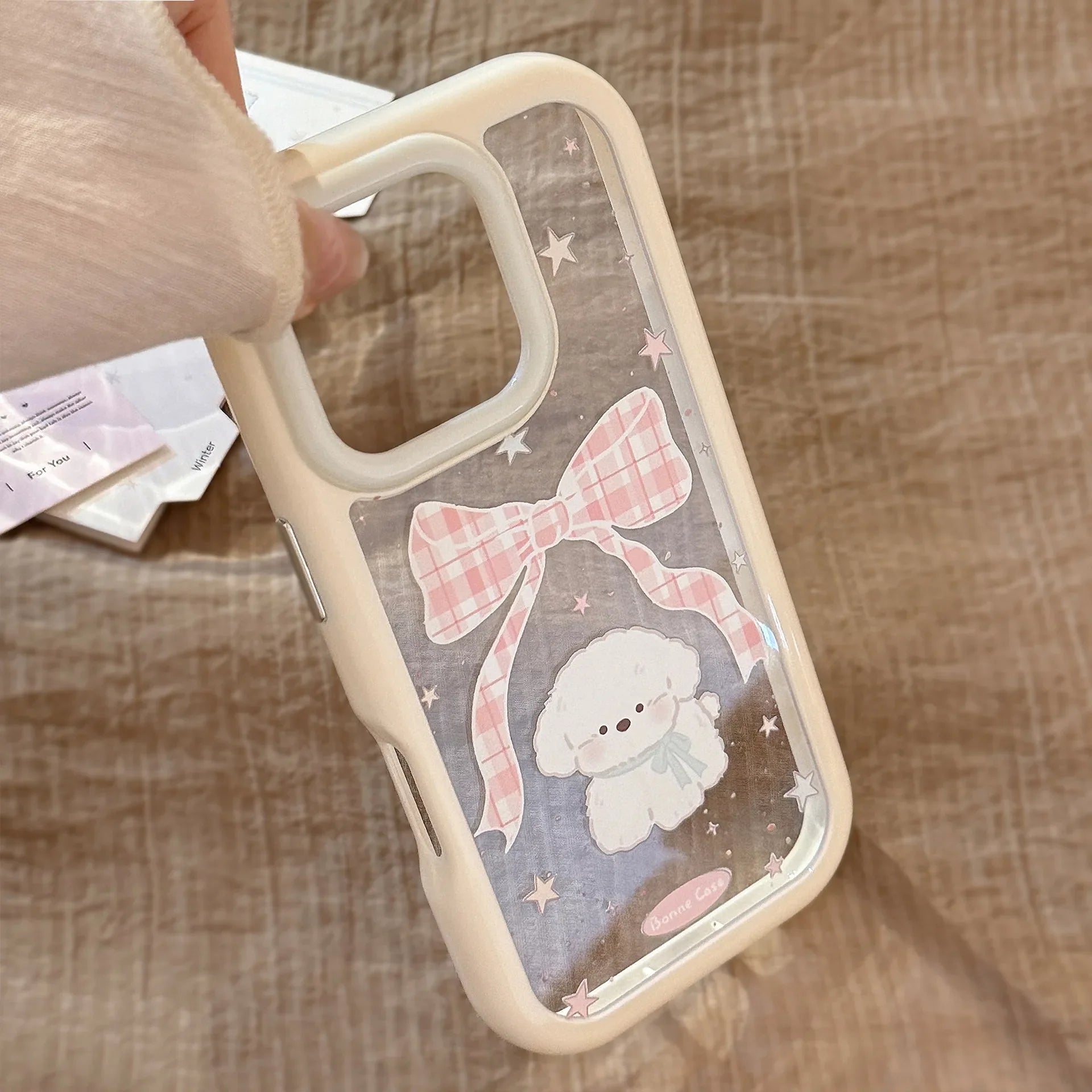Korean Cartoon Plaid Bowknot Puppy Phone Case For iPhone