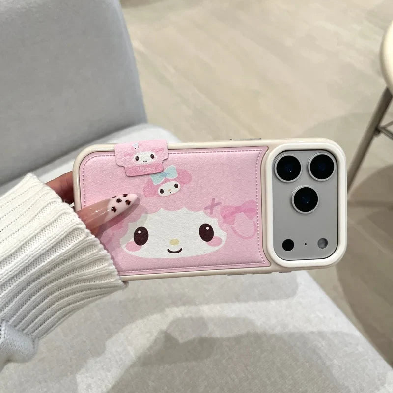 Y2k Cartoon Cute Pink Shy Bow Lamb Leather Phone Case For iPhone