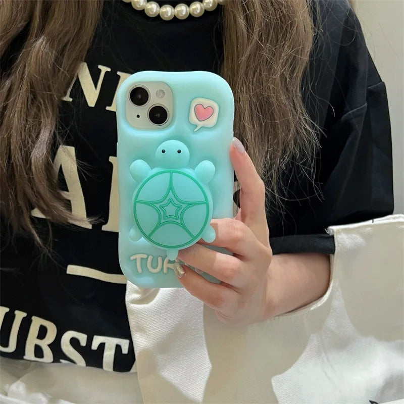 Cute Cartoon Noctilucent Turtle Bracket Soft Silicone Phone Case For iPhone
