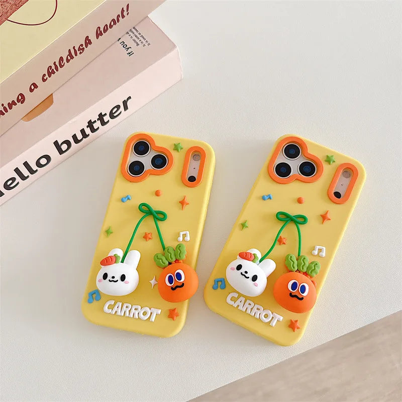 3D Cartoon Carrot Rabbit Bowknot Pendant Silicone Soft Phone Case For iPhone