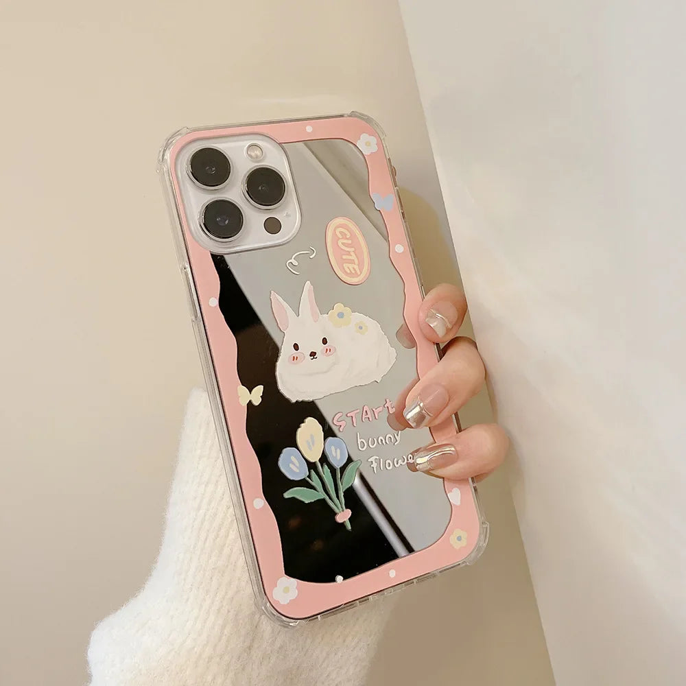 Cute Cartoon Rabbit Makeup Mirror Phone Case For iPhone