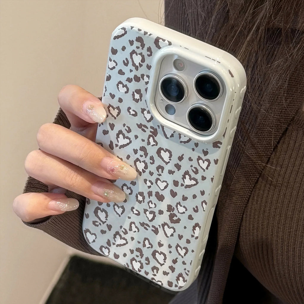 Stylish Retro Blue Leopard Print Love Heart Soft Phone Case For iPhone