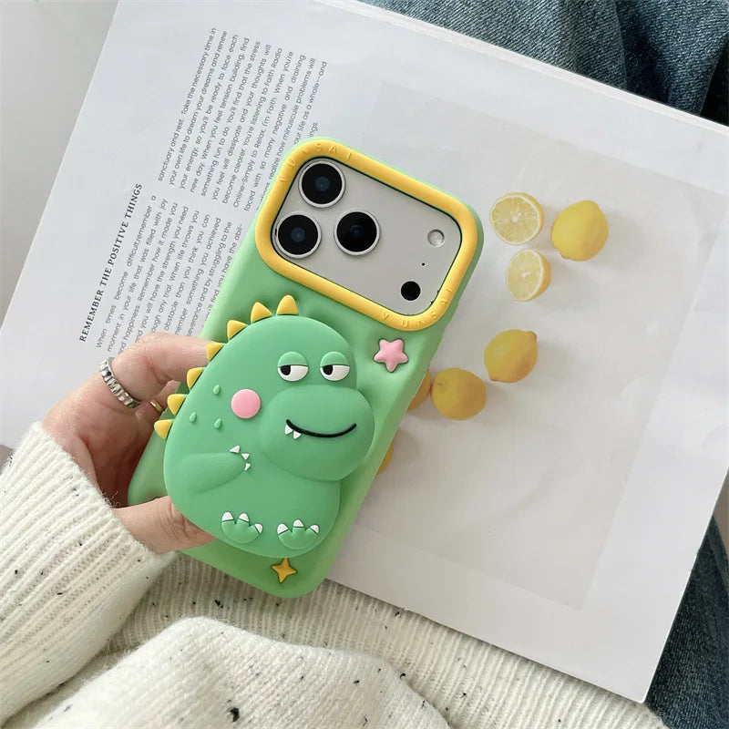 3D Cartoon Dinosaur Telescopic Bracket Soft Silicone Phone Case For iPhone