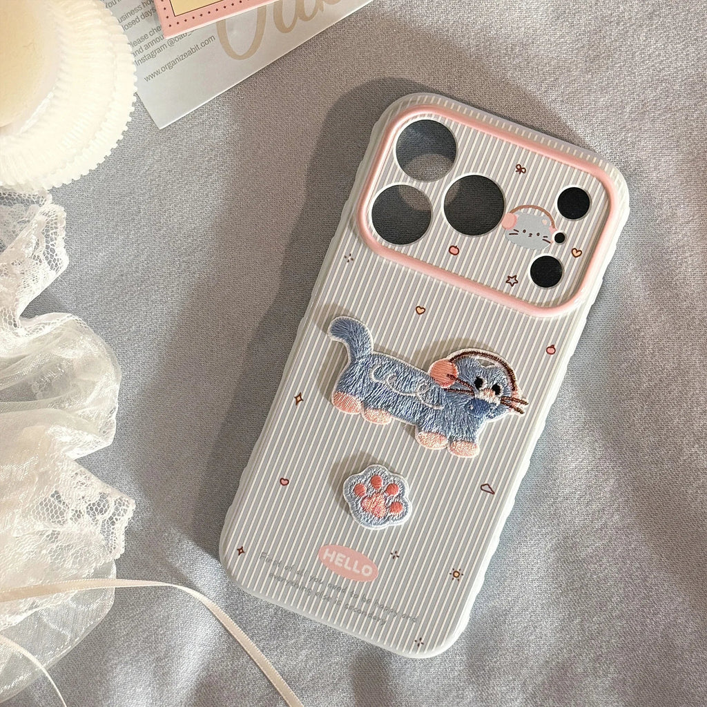 Korean Cartoon Embroidery Kitten Striped Couple Phone Case For iPhone