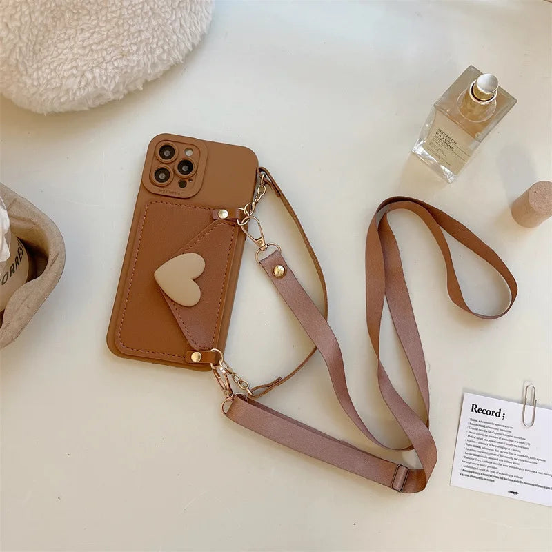 Heart Card Holder Crossbody Lanyard Leather Texture Phone Case For iPhone