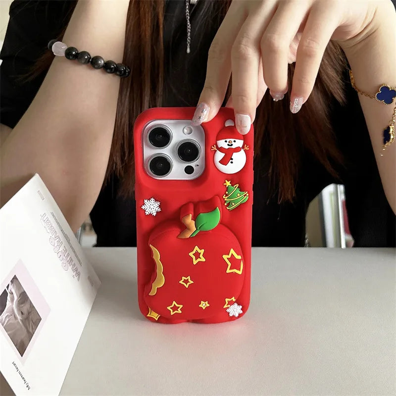 Kawaii Cartoon Snowman Christmas Apple Silicone Telescopic Bracket Phone Case For iPhone