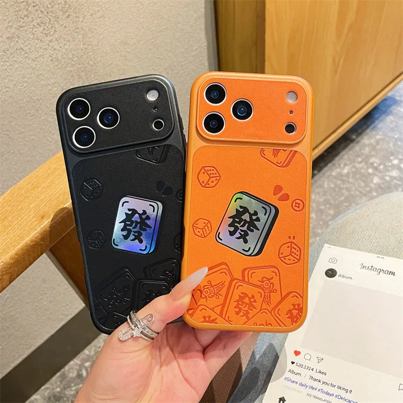 Luxury Cartoon Mahjong Get Rich Laser Leather Texture Couple Phone Case For iPhone
