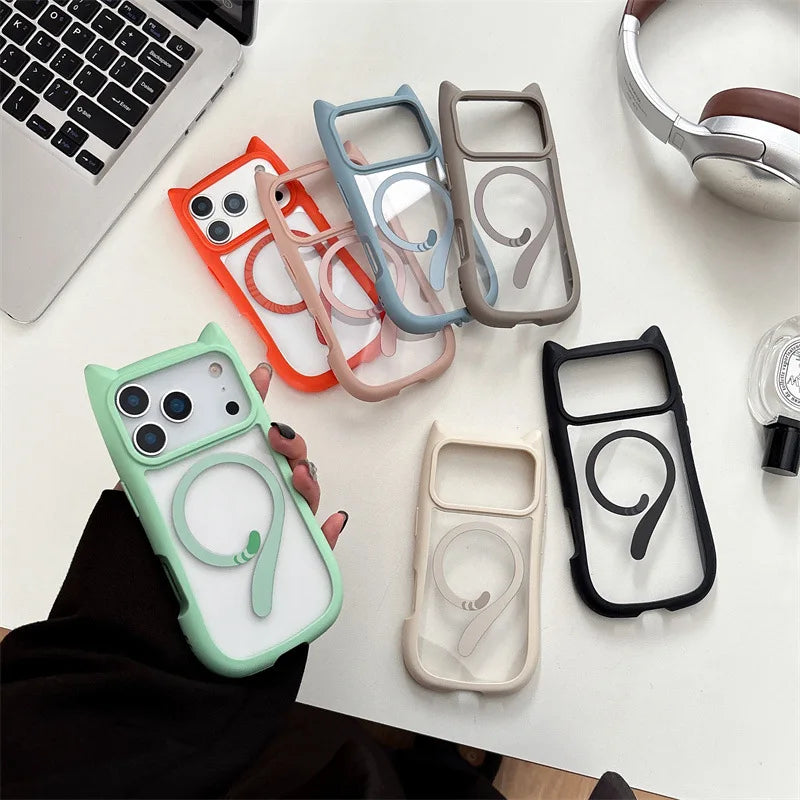 Cute Cartoon Solid Color Cat Tail Clear Magnetic Phone Case For iPhone