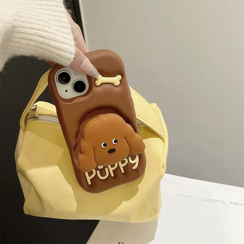 Cute Cartoon Teddy Puppy Silicone Telescopic Bracket Phone Case For iPhone