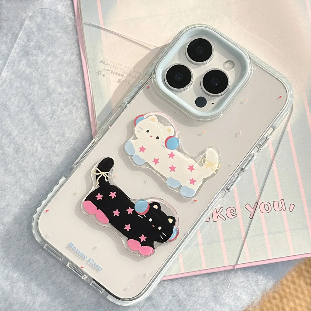 Korean 3D Cute Cartoon Stars Headset Kitten Soft Phone Case For iPhone