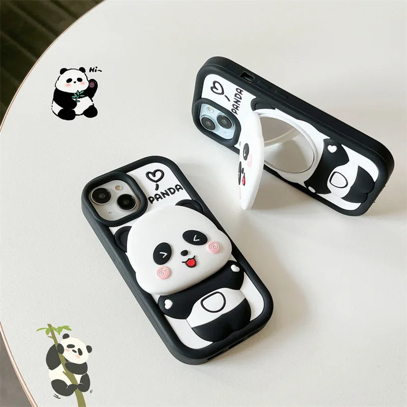ins Cute Cartoon Panda Flip Mirror Bracket Soft Silicone Phone Case For iPhone