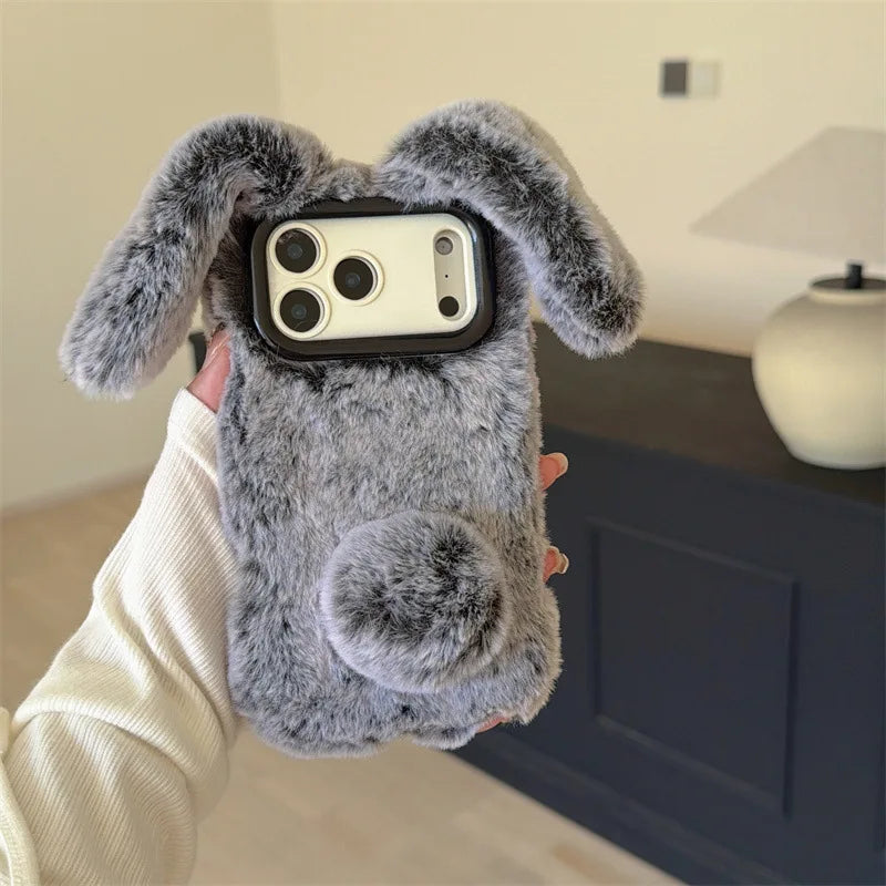 3D Cartoon Solid Colors Rabbit Furry Plush Phone Case For iPhone