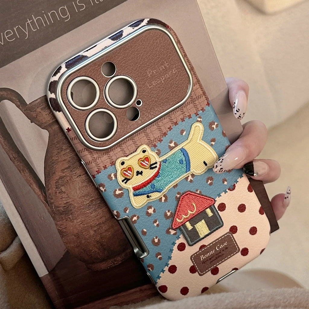 Korean Leopard Print 3D Cartoon Kitten House Leather Texture Phone Case For iPhone