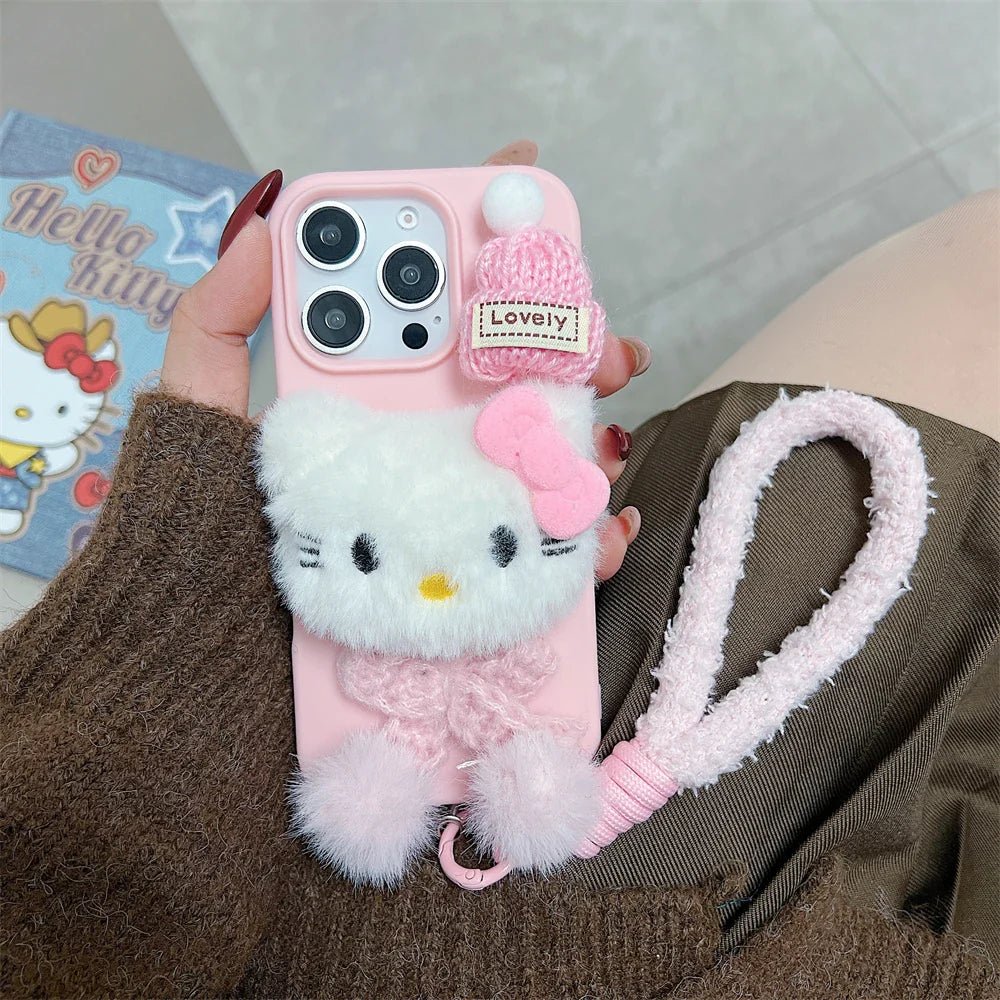 Pink Hello Kitty Fur Fluffy Cute Wrist Strap Phone Case