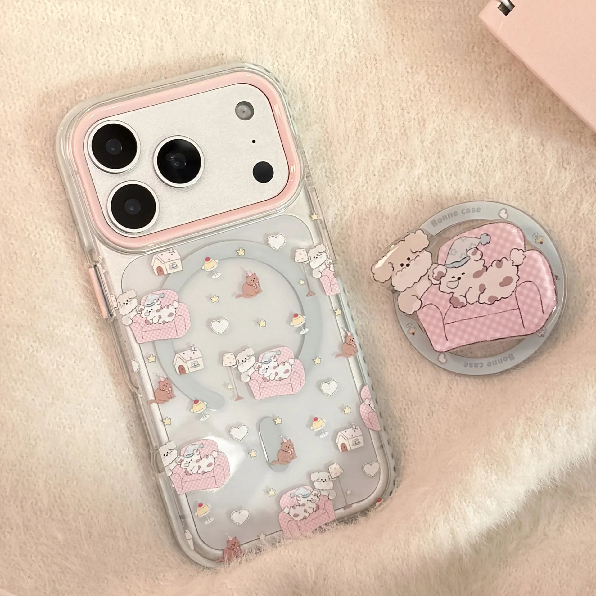 Korean Cartoon Pink Sofa Puppy House Holder Magnetic Phone Case For iPhone