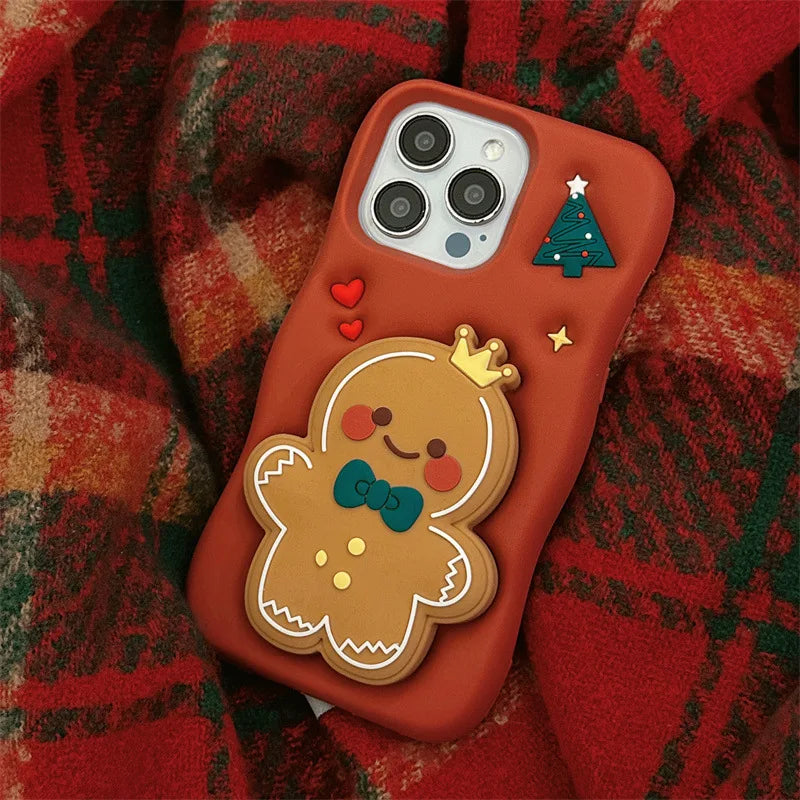Cute Cartoon Christmas Gingerbread Silicone Telescopic Bracket Phone Case For iPhone
