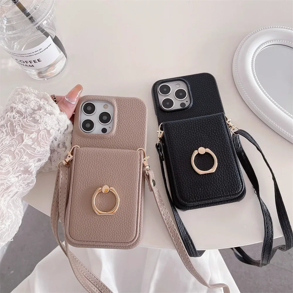 Makeup Mirror Flip Card Pocket Leather Case For iPhone