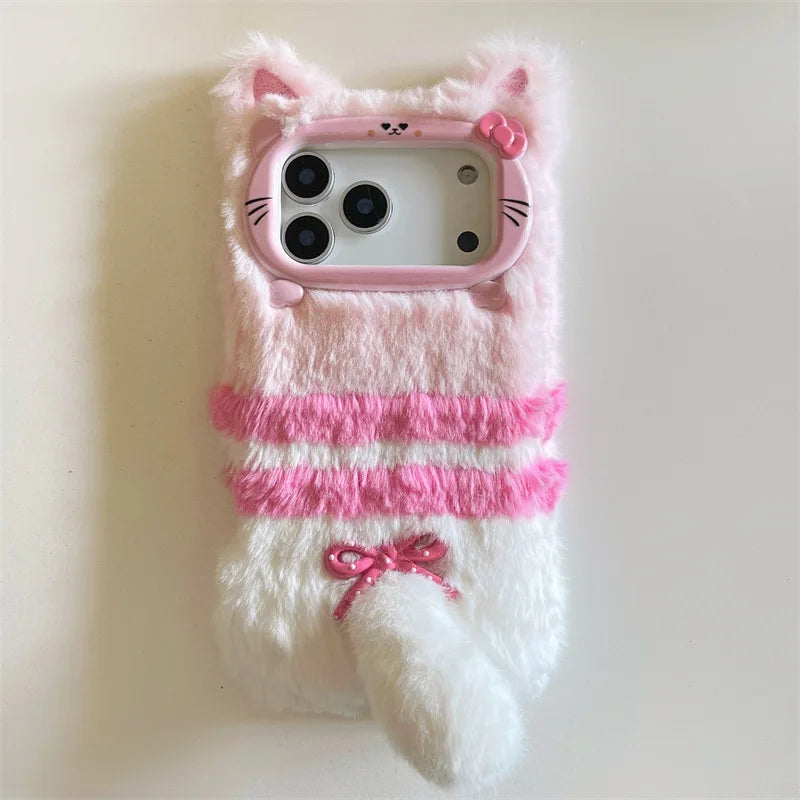 Cute Cartoon Cat Bowknot Warm Furry Fur Plush Phone Case For iPhone
