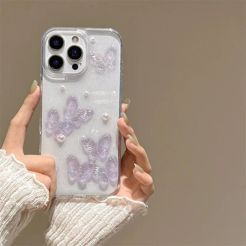 Luxury 3D Butterfly Pearl Drop Glue Glitter Phone Case For iPhone