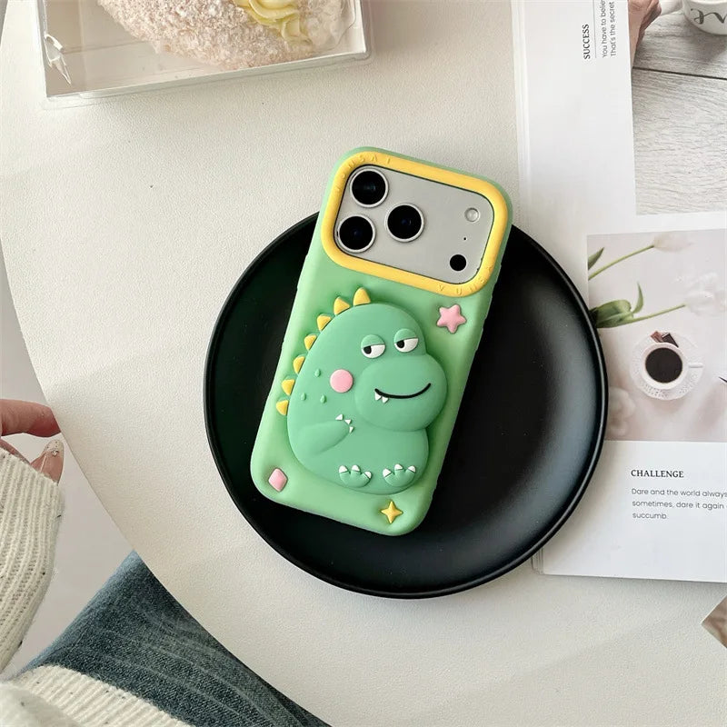 3D Cartoon Dinosaur Telescopic Bracket Soft Silicone Phone Case For iPhone