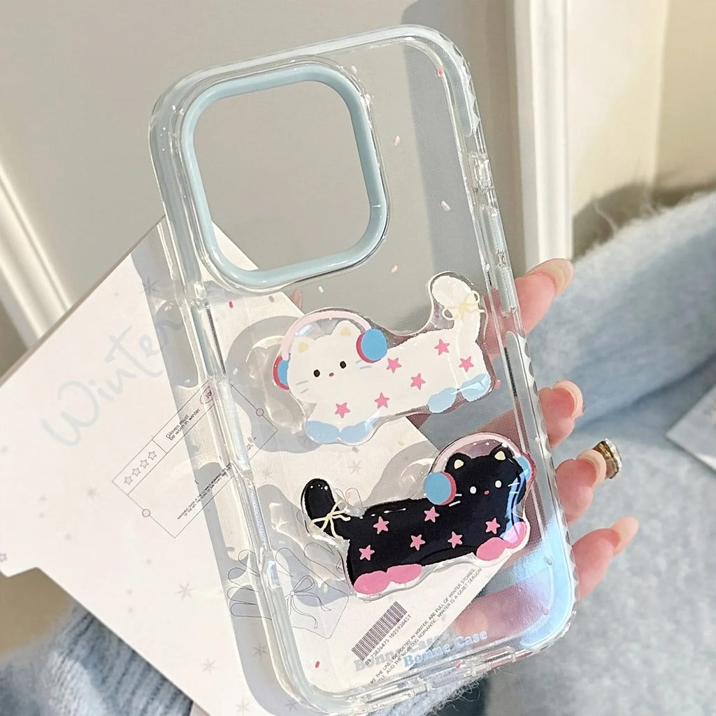 Korean 3D Cute Cartoon Stars Headset Kitten Soft Phone Case For iPhone