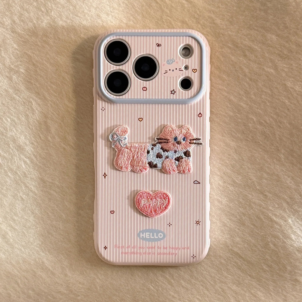 Korean Cartoon Embroidery Kitten Striped Couple Phone Case For iPhone