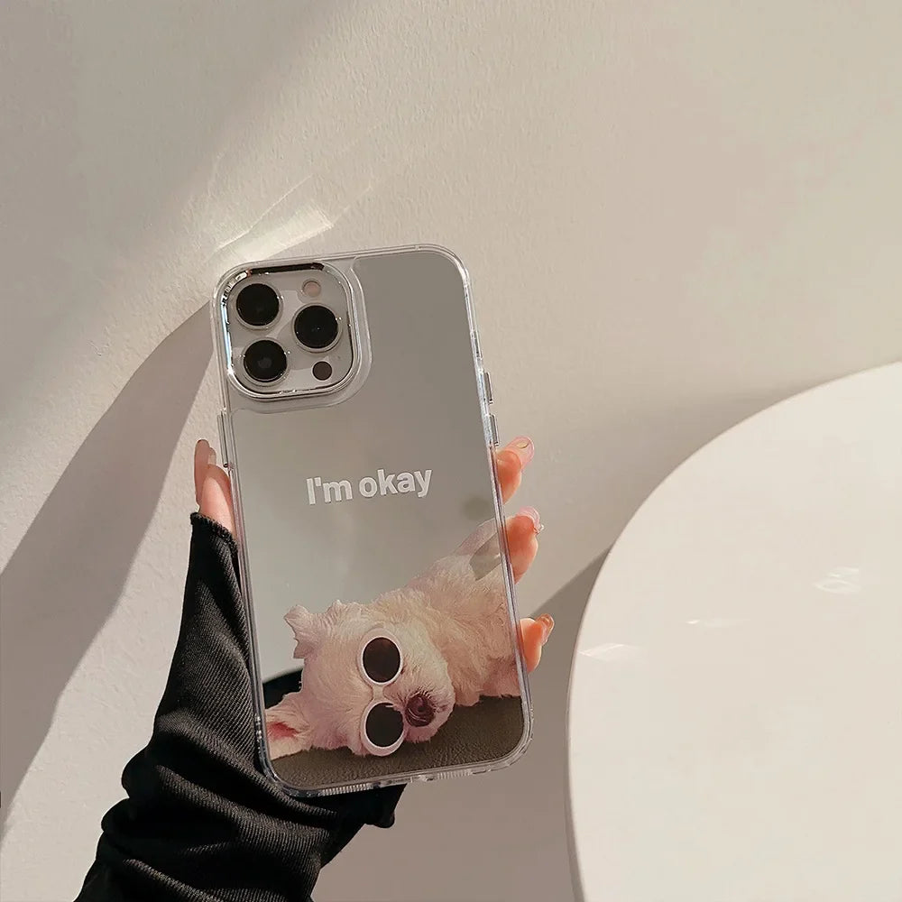Ins Sunglass Dog Pattern Electroplated Makeup Mirror Phone Case For iPhone