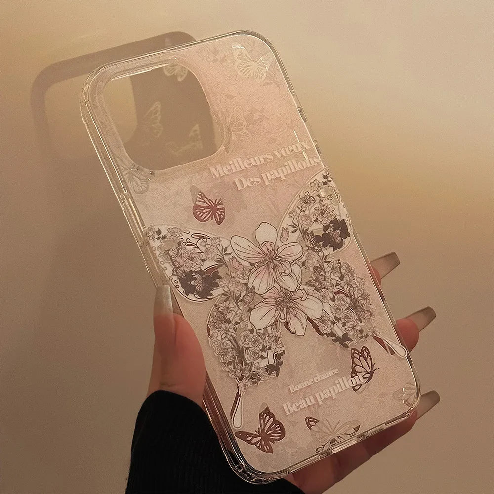 Korean Flowers Butterfly Dual Layer Phone Case With Bracelet Chain For iPhone
