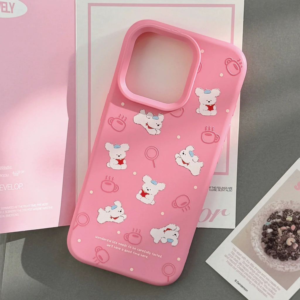 Korean Cute Cartoon Reading Puppy Pink Silicone Soft Phone Case For iPhone