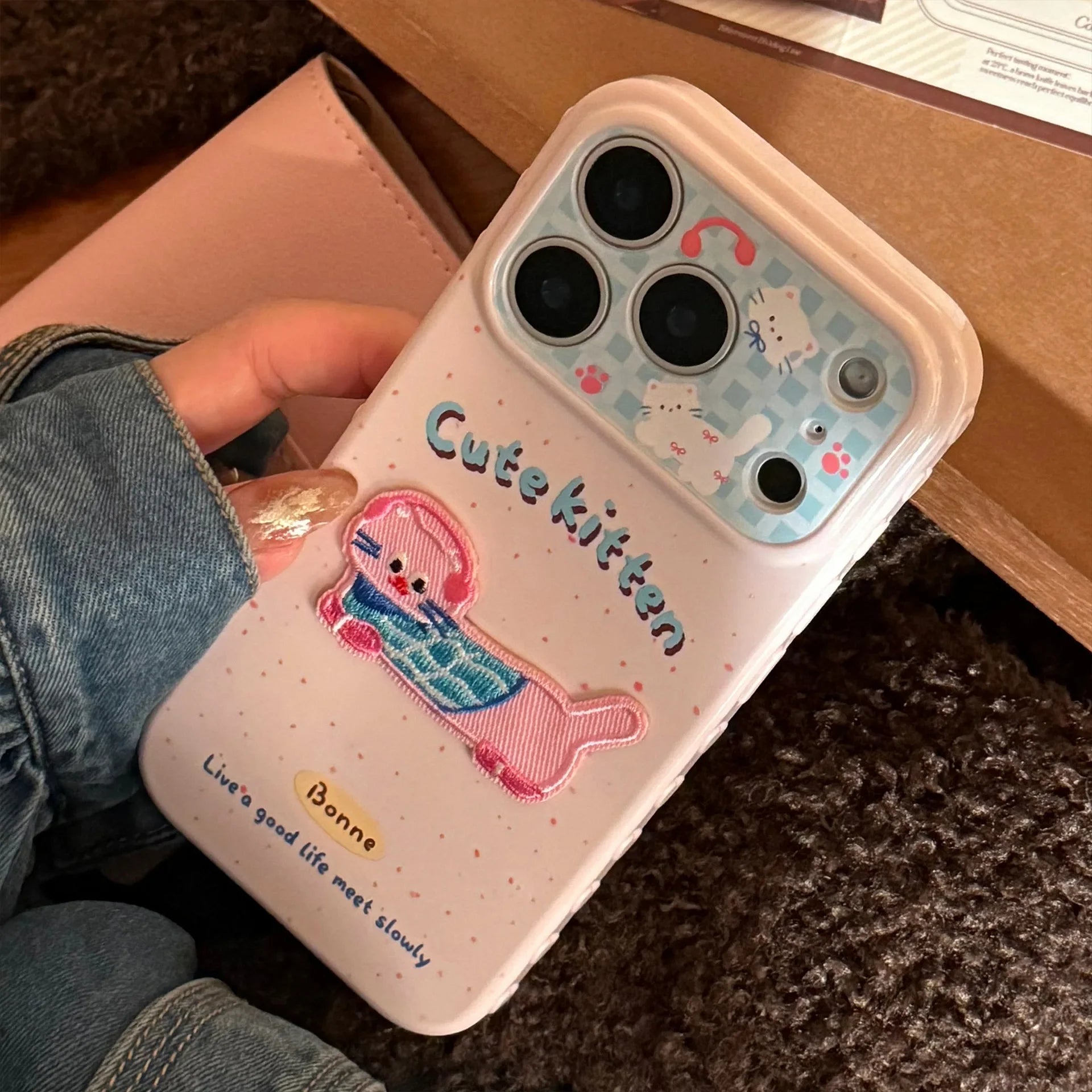 Korean Pink Splashed Ink 3D Cute Cartoon Embroidery Kitten Soft Phone Case For iPhone