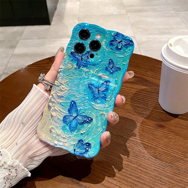 Luxury Retro Oil Painting Butterfly Wavy Border Phone Case For iPhone