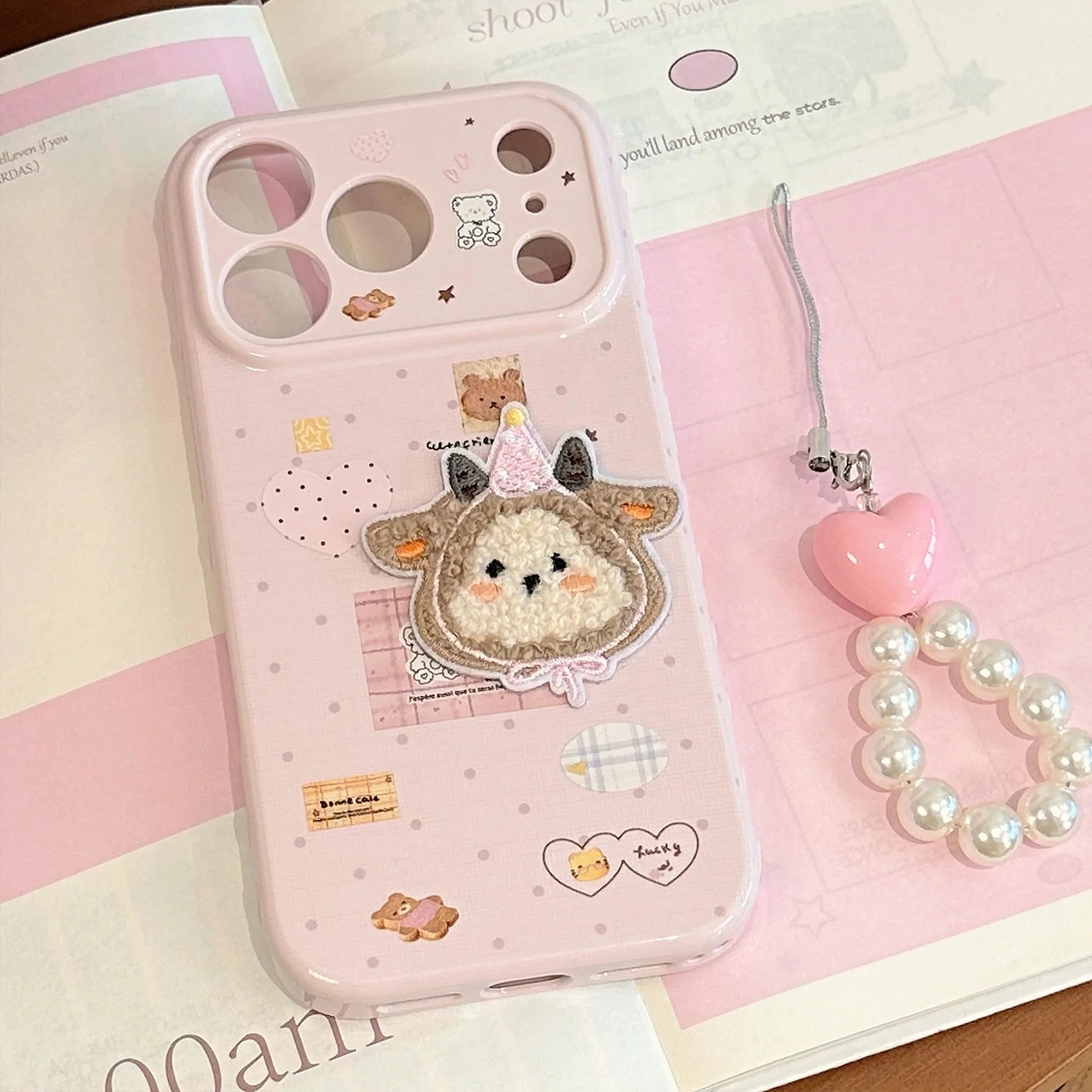 Korean Cartoon Embroidery Plush Sheep Sticker Phone Case With Chain For iPhone
