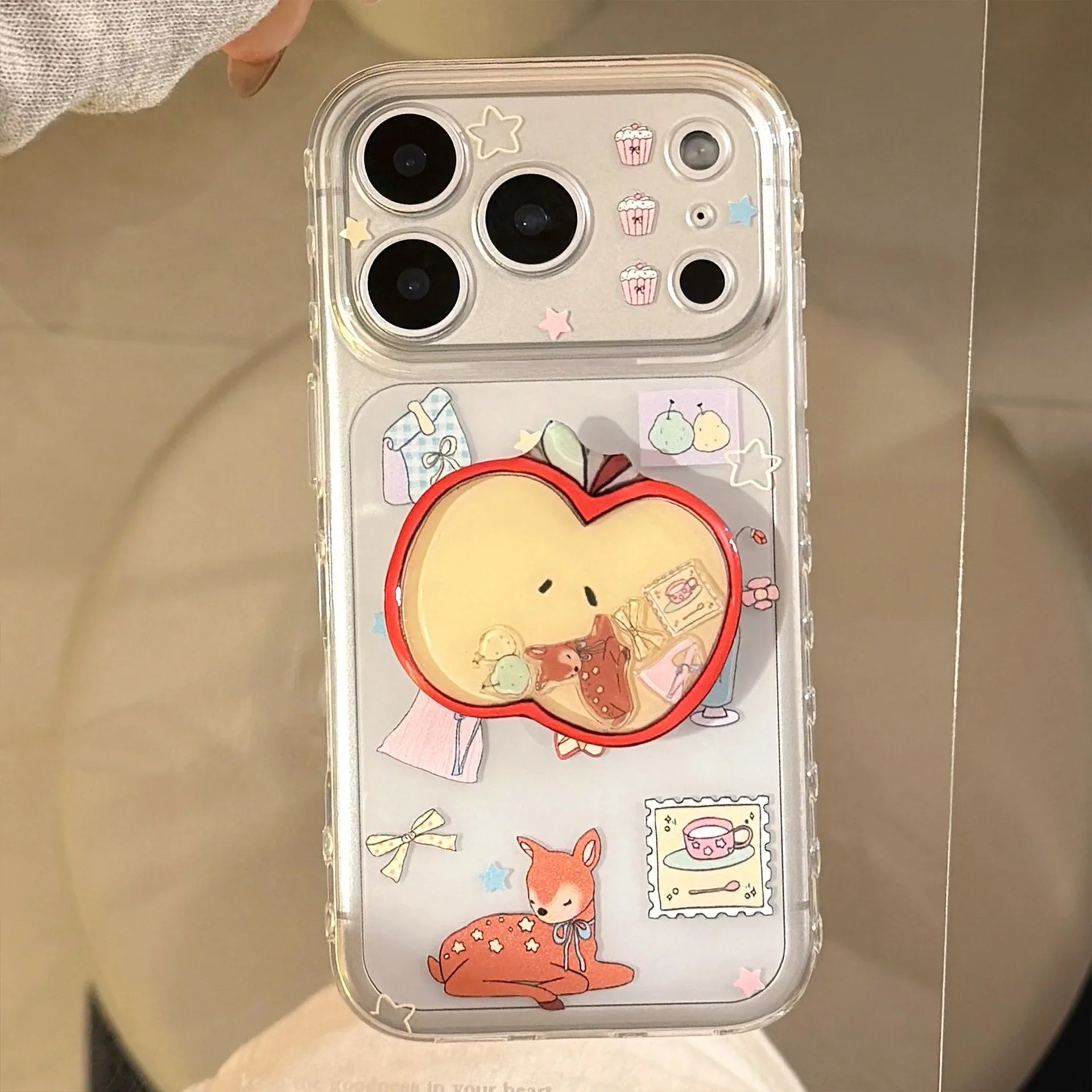 Cartoon Deer Graffiti Apple Quicksand Shake Bracket Phone Case For iPhone