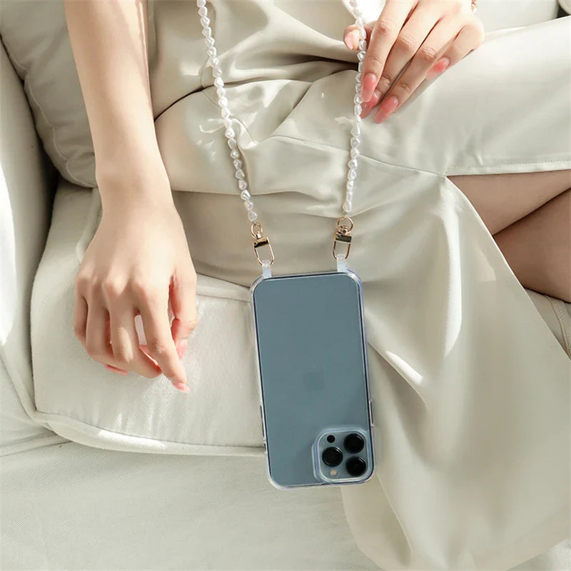 Luxury Crossbody With Lanyard Jewelry Pearl Chain Clear Holder Phone Case For iPhone