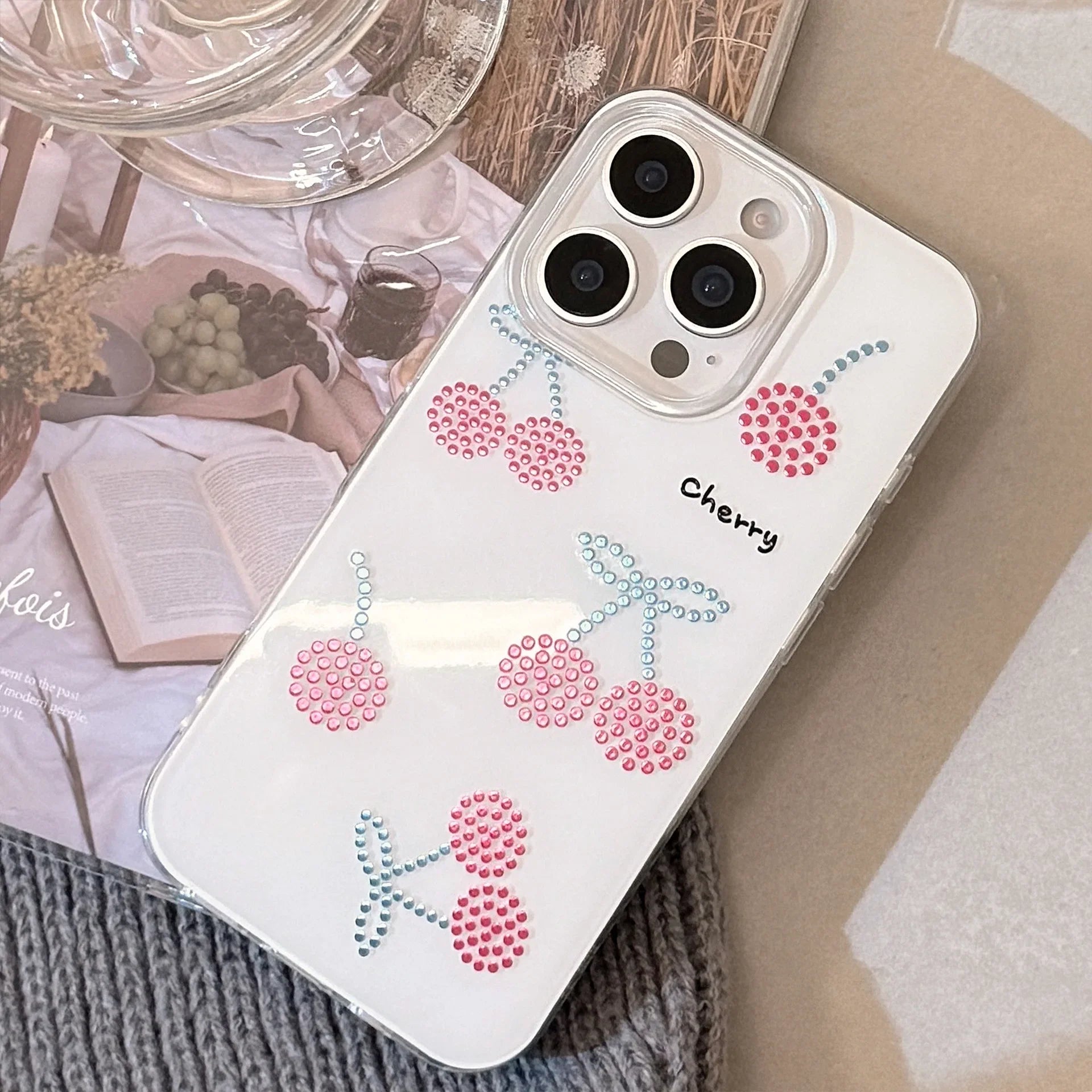 Korean Sparkling Diamond Cherry Phone Case For iPhone