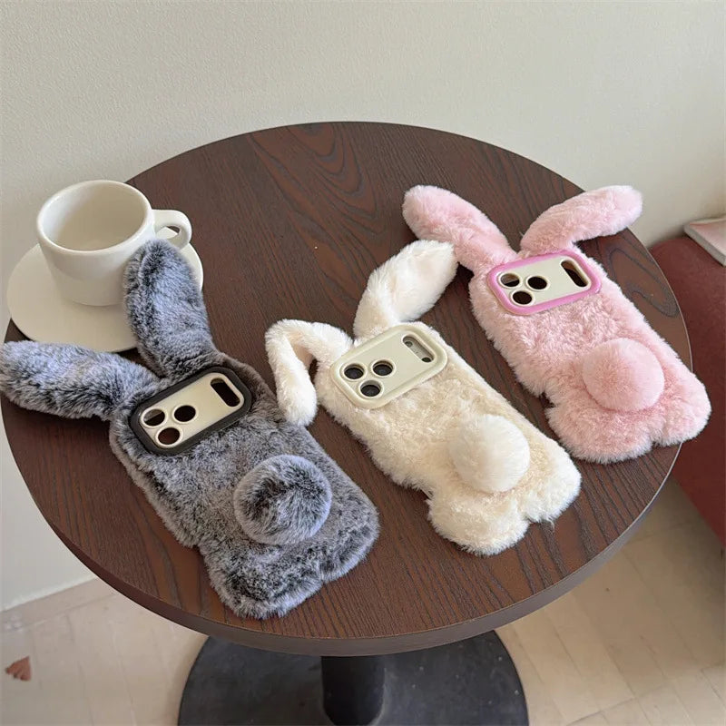 3D Cartoon Solid Colors Rabbit Furry Plush Phone Case For iPhone
