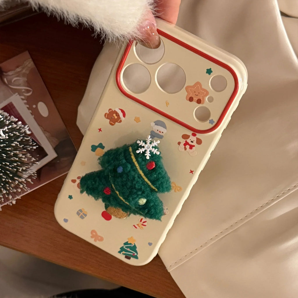 Korean 3D Cartoon Christmas Tree Plush With Chain Phone Case For iPhone