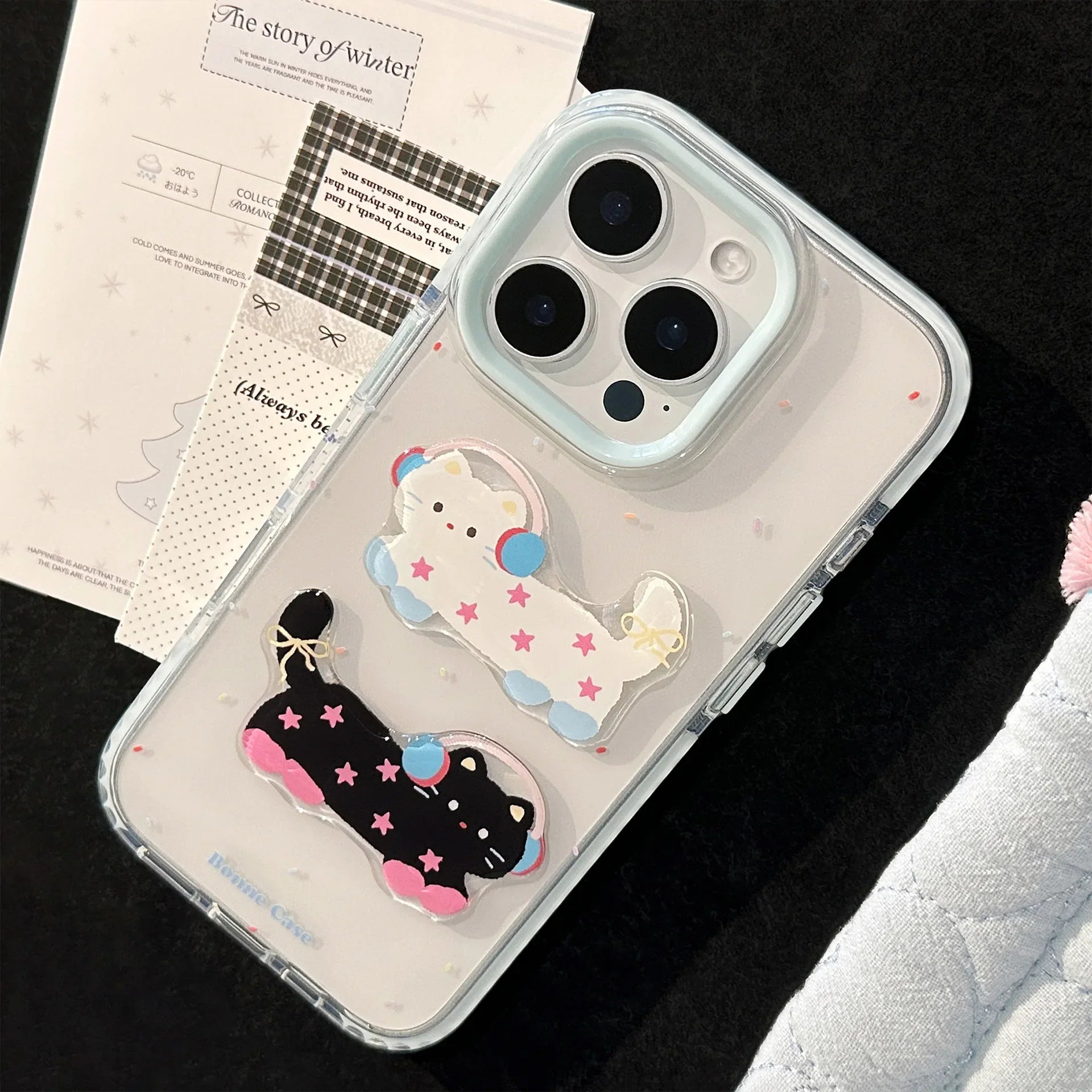 Korean 3D Cute Cartoon Stars Headset Kitten Soft Phone Case For iPhone