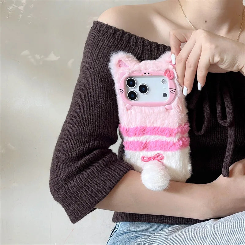 Cute Cartoon Cat Bowknot Warm Furry Fur Plush Phone Case For iPhone