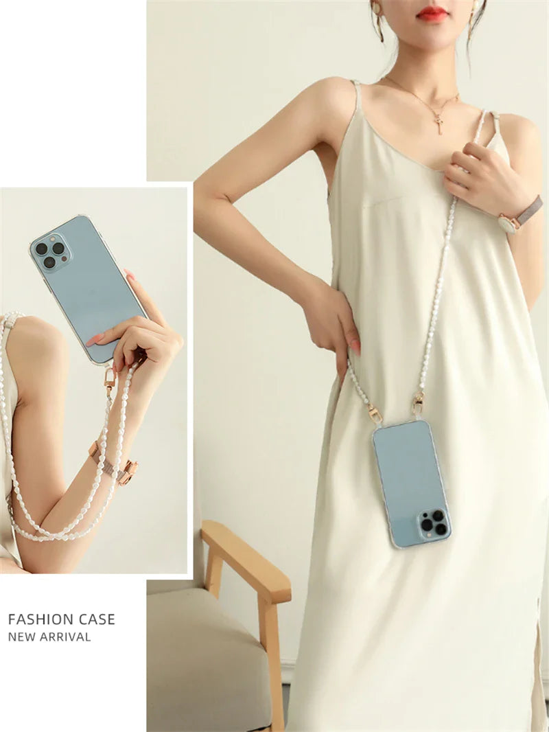 Luxury Crossbody With Lanyard Jewelry Pearl Chain Clear Holder Phone Case For iPhone