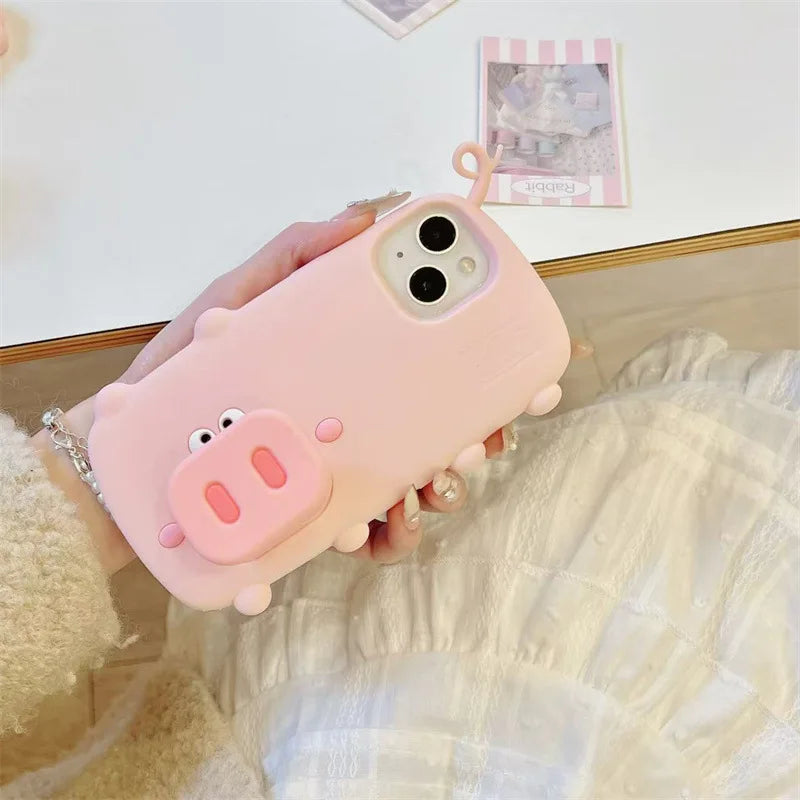 3D Cute Cartoon Pig Nose Telescopic Bracket Silicone Phone Case For iPhone