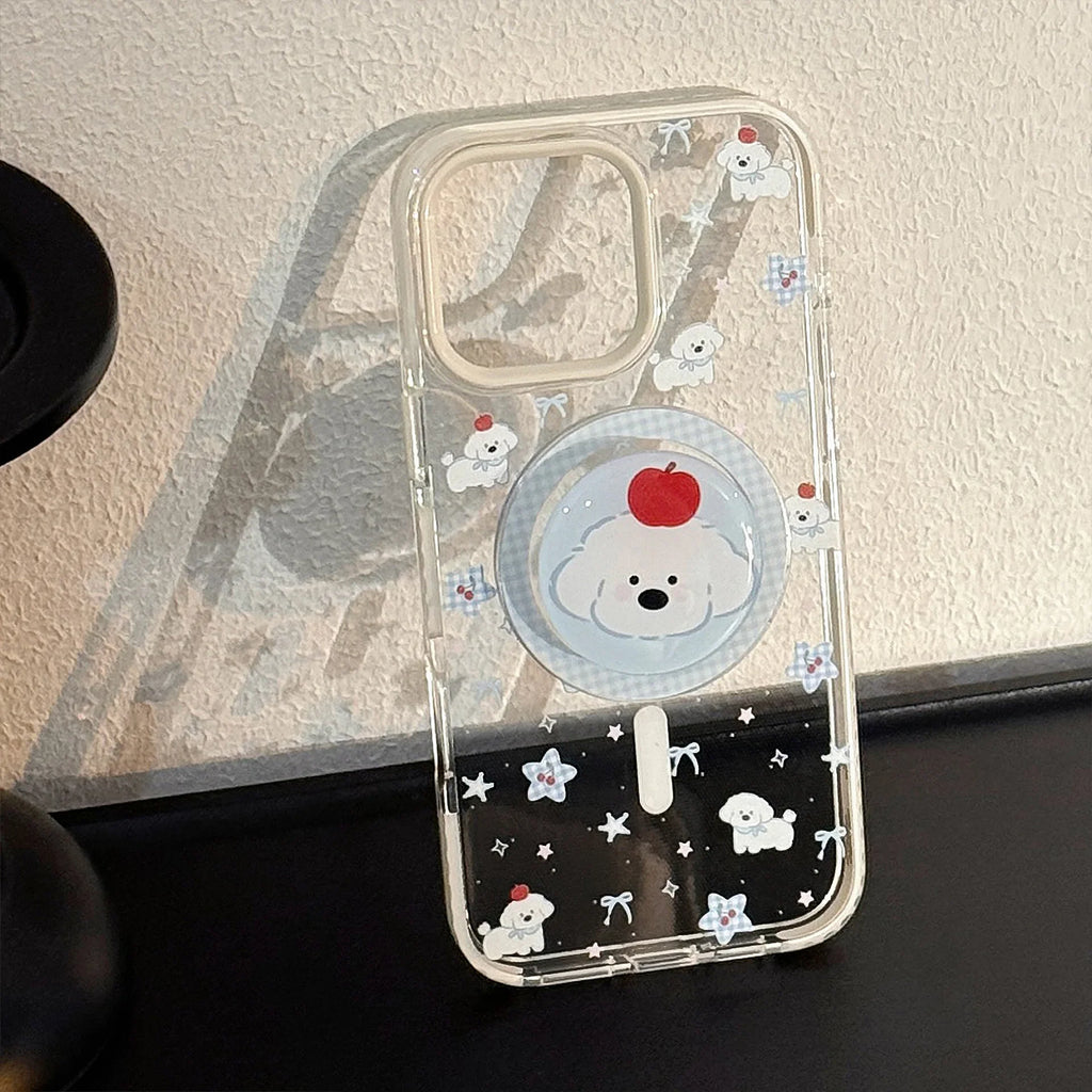 Korean Cute Cartoon Lattice Puppy Bracket Magnetic Phone Case For iPhone